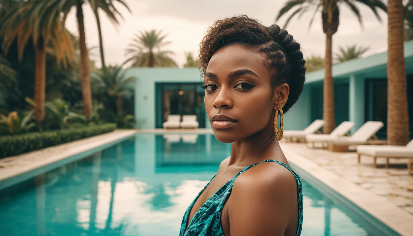 Elegant woman beside turquoise pool on modern terrace