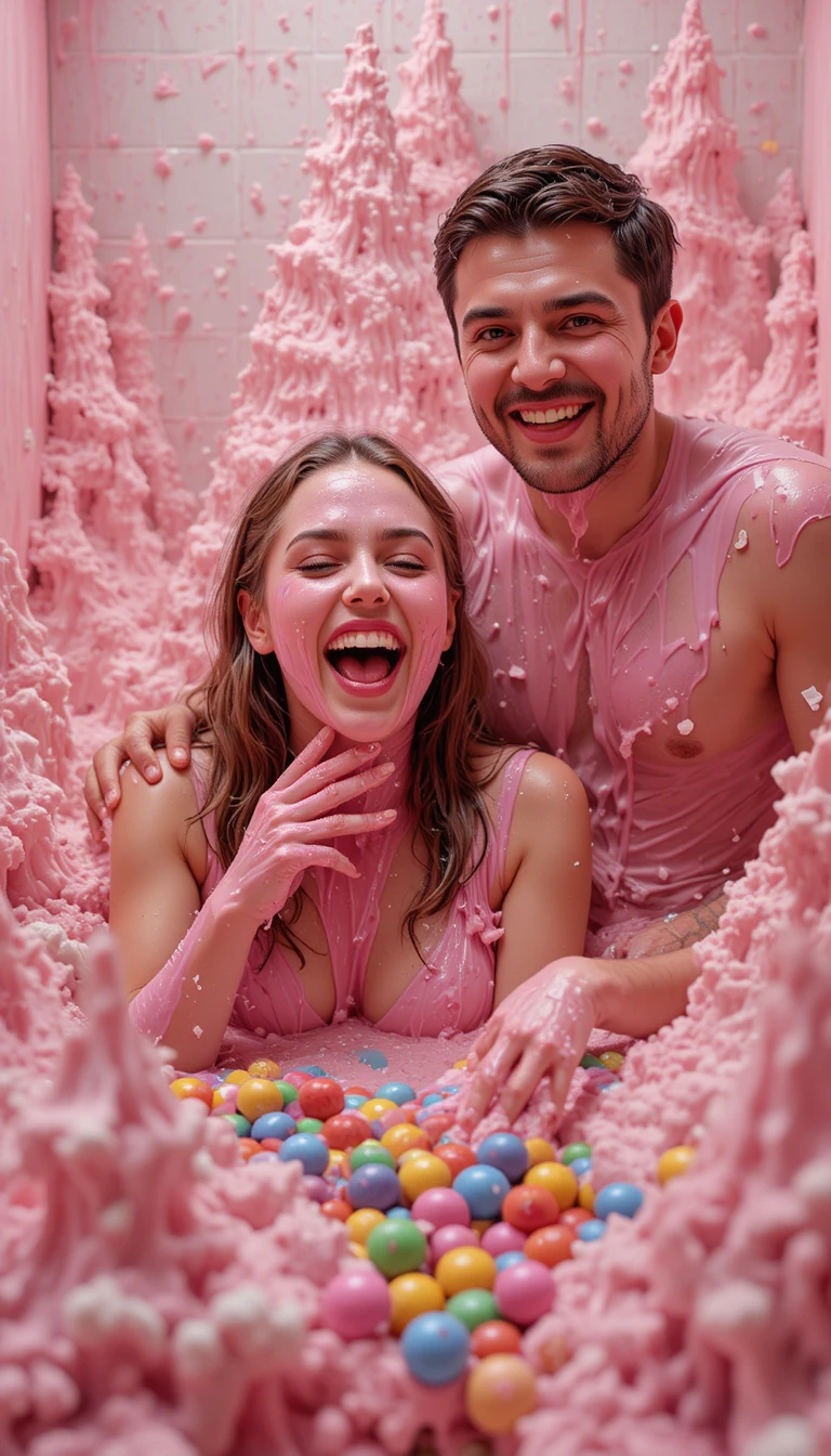 Donna che ride in un bagno pieno di schiuma alla fragola