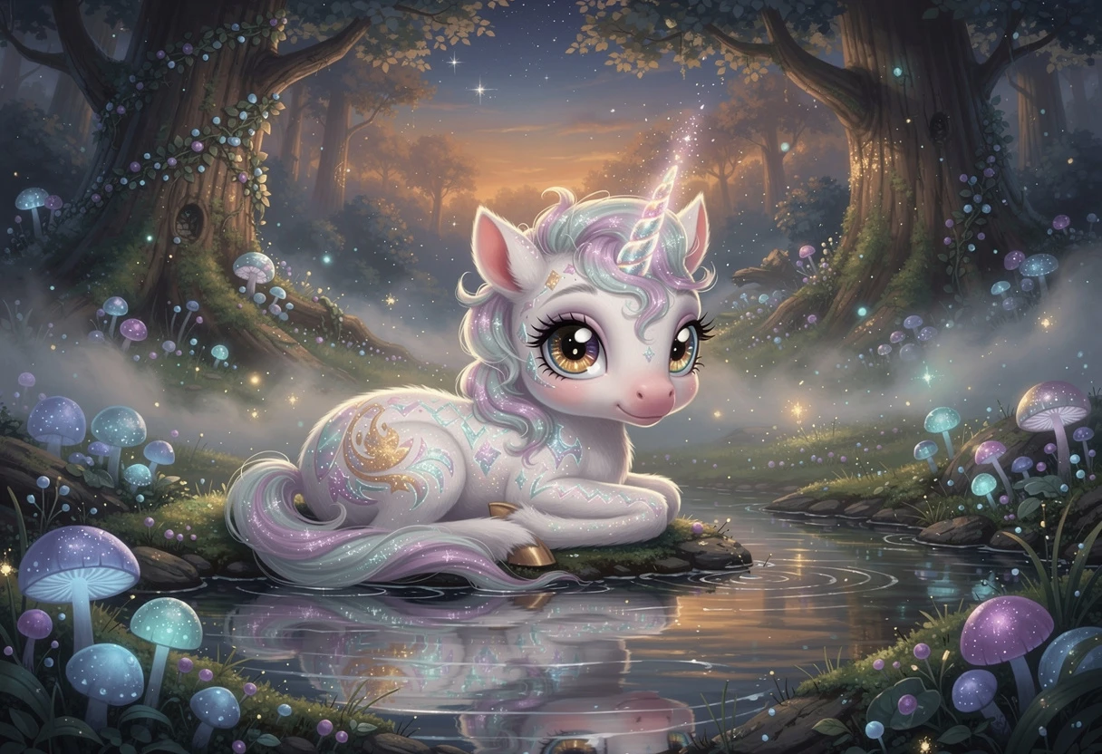 Unicorno cucciolo che riposa accanto a una pozza luminosa nella foresta al crepuscolo