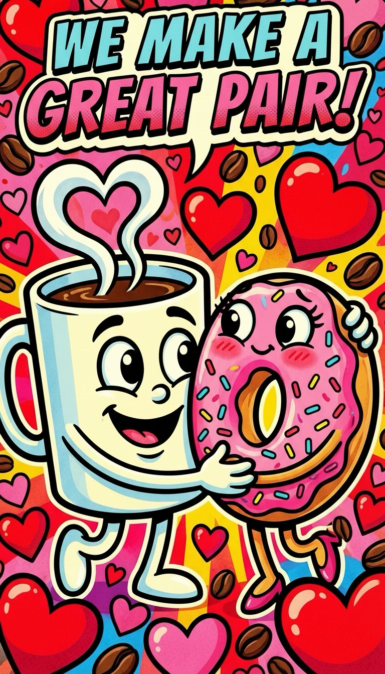 Café et donut mignons pour la Saint-Valentin en style pop art audacieux