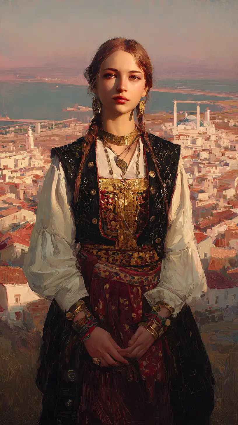 Algerian woman in black karakou at sunset above the city