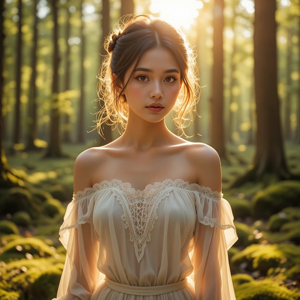 Retrato de una mujer en un bosque iluminado por el sol con blusa marfil