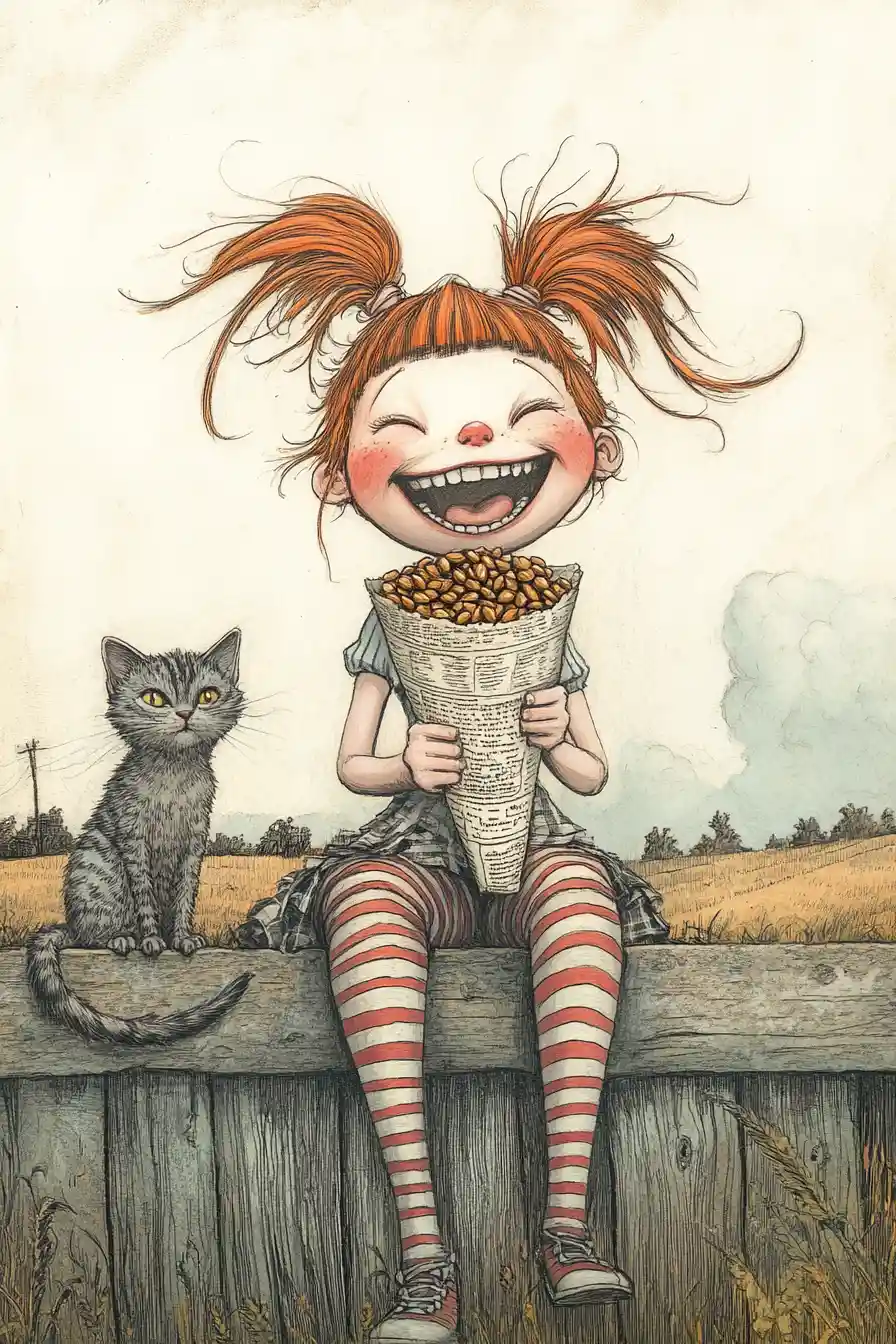 Niña pelirroja riendo con gato en una cerca rústica