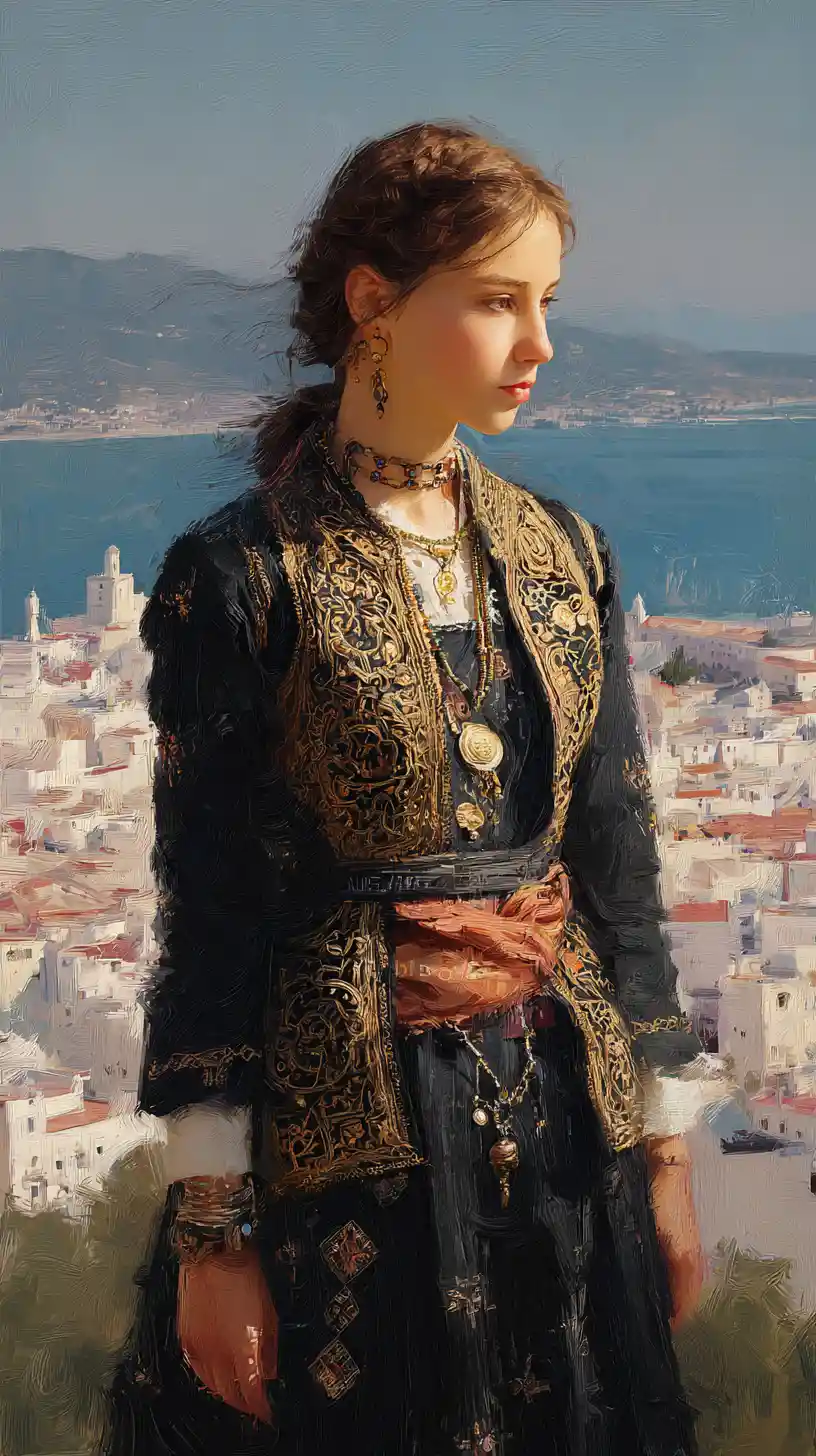 Donna algerina in karakou nero al tramonto sopra Algeri
