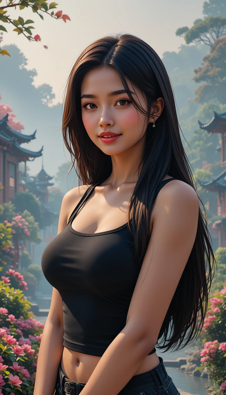 Donna asiatica che sorride dolcemente in un giardino giapponese avvolto dalla nebbia