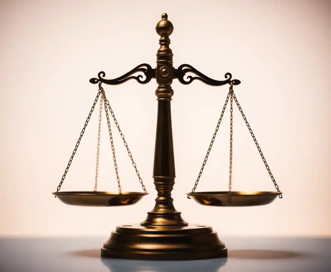 Polished brass justice scales in bright studio close up