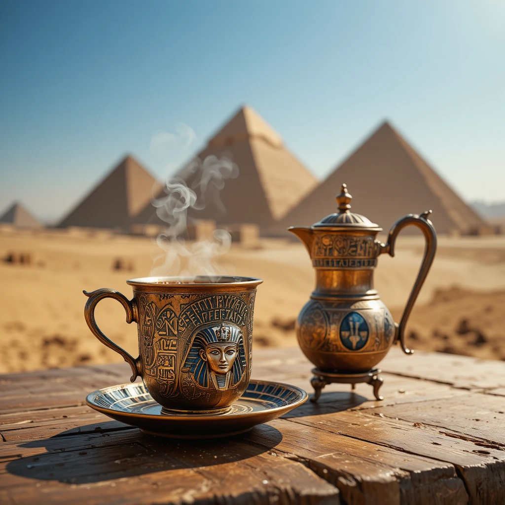 Egyptian coffee set before the distant Giza pyramids