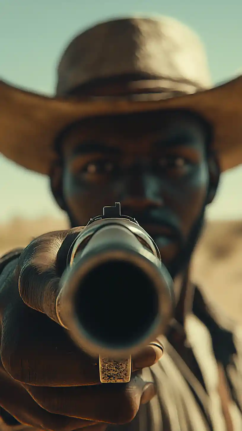 Vaquero afrofuturista apuntando con un revólver a la cámara en el desierto