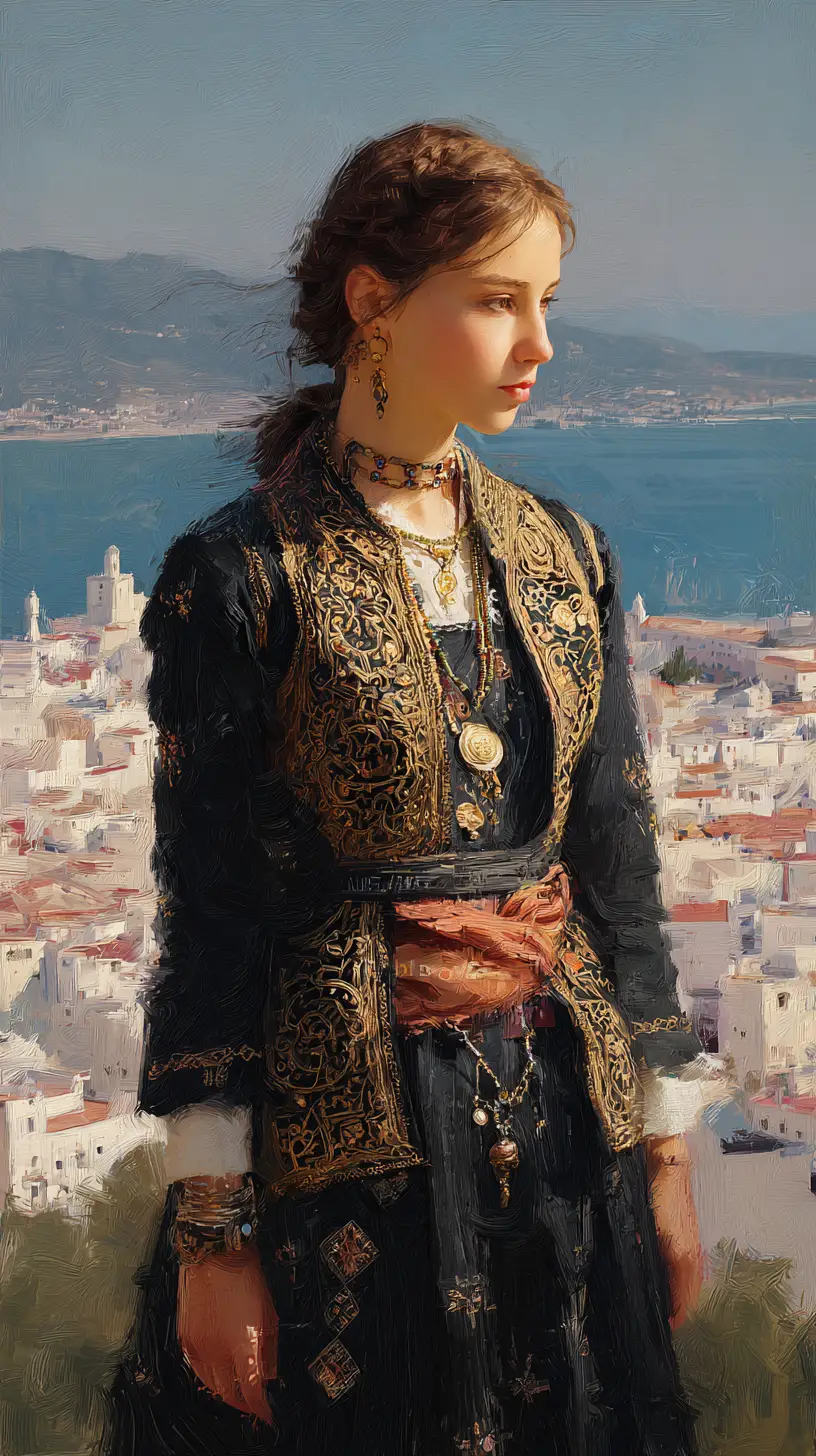 Algerian woman in black karakou at sunset above Algiers