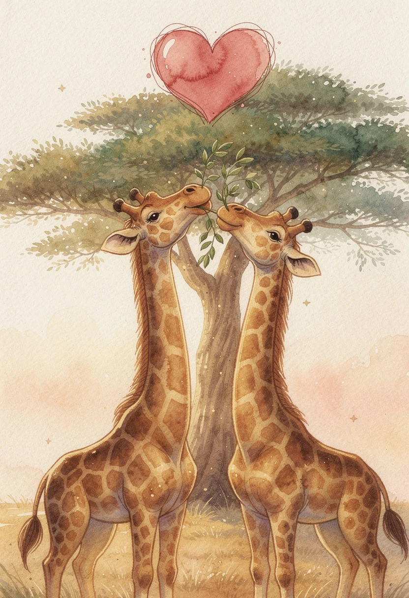 Duas girafas apaixonadas sob uma acácia com coração rosa