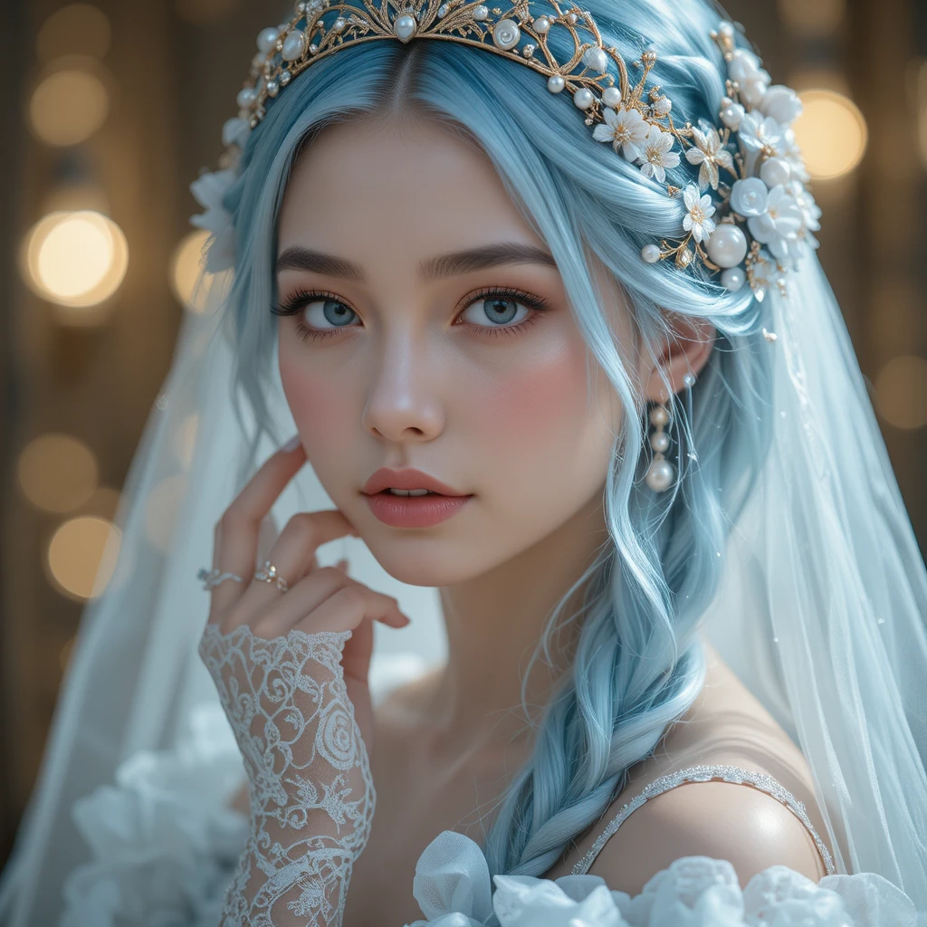Donna fantasy eterea con capelli blu e tiara di gioielli