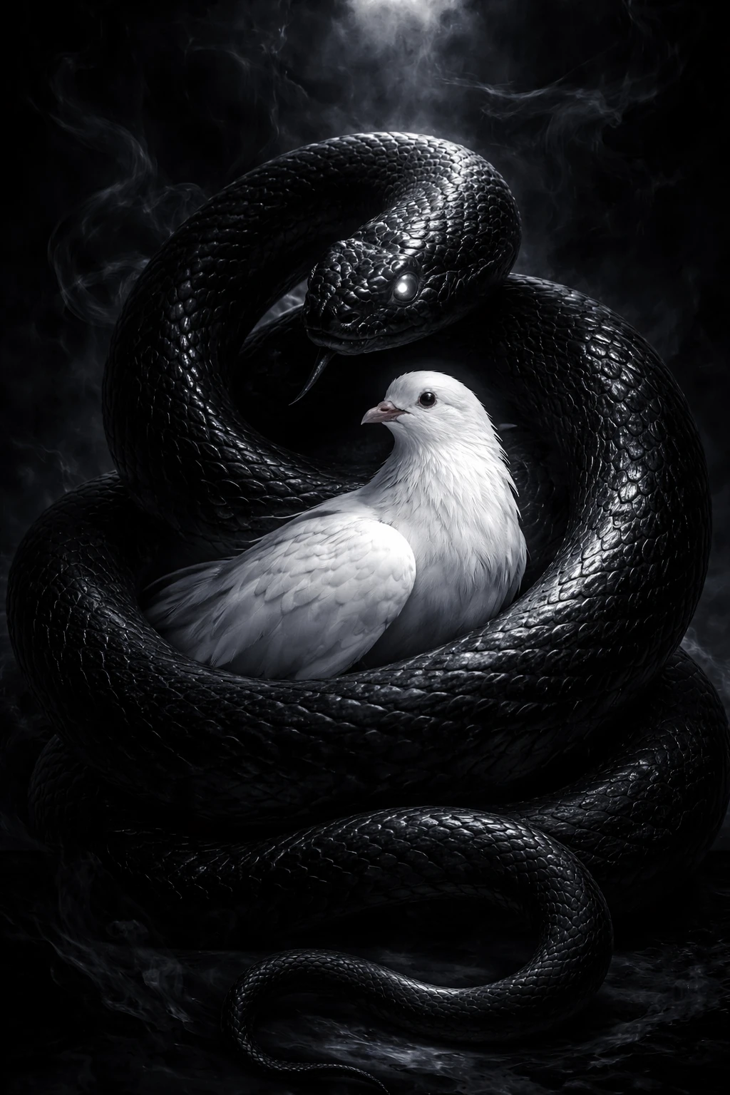 Serpiente negra protegiendo a una paloma blanca en humo oscuro