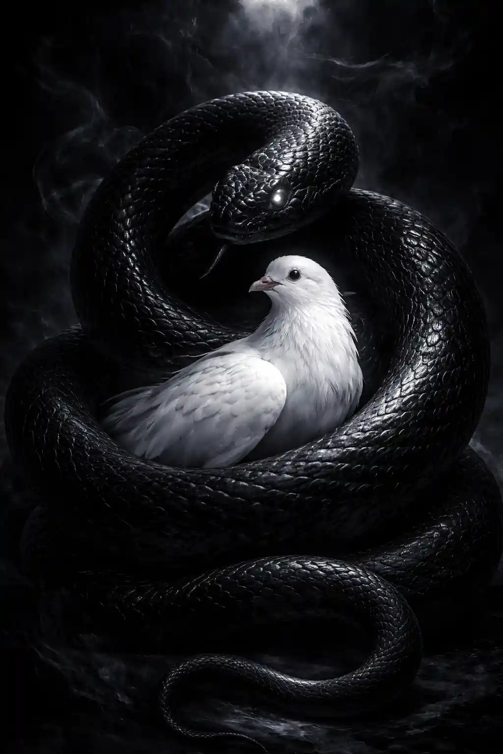 Serpente nero che protegge colomba bianca nel fumo scuro