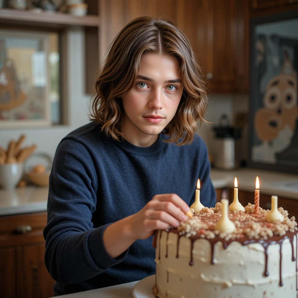 Young man decorating a cake in a bright kitchen