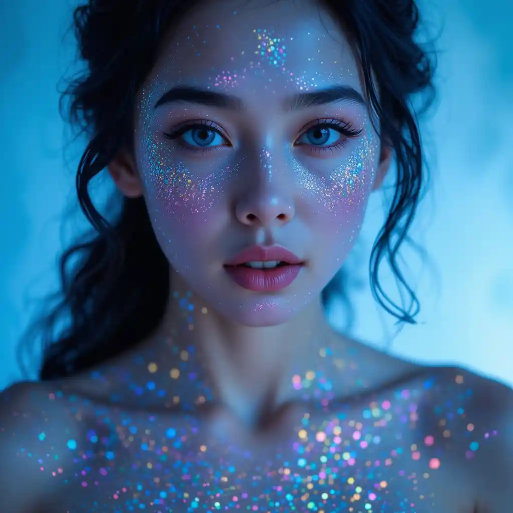 Young woman with glowing glitter in a dreamy close up portrait