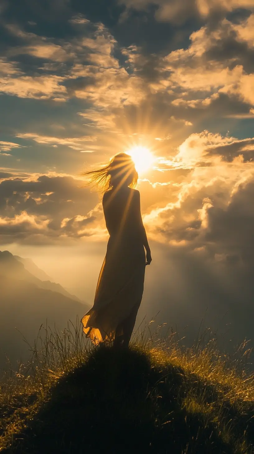 Frau auf einem grasbewachsenen Grat unter strahlendem Himmel zur Goldenen Stunde