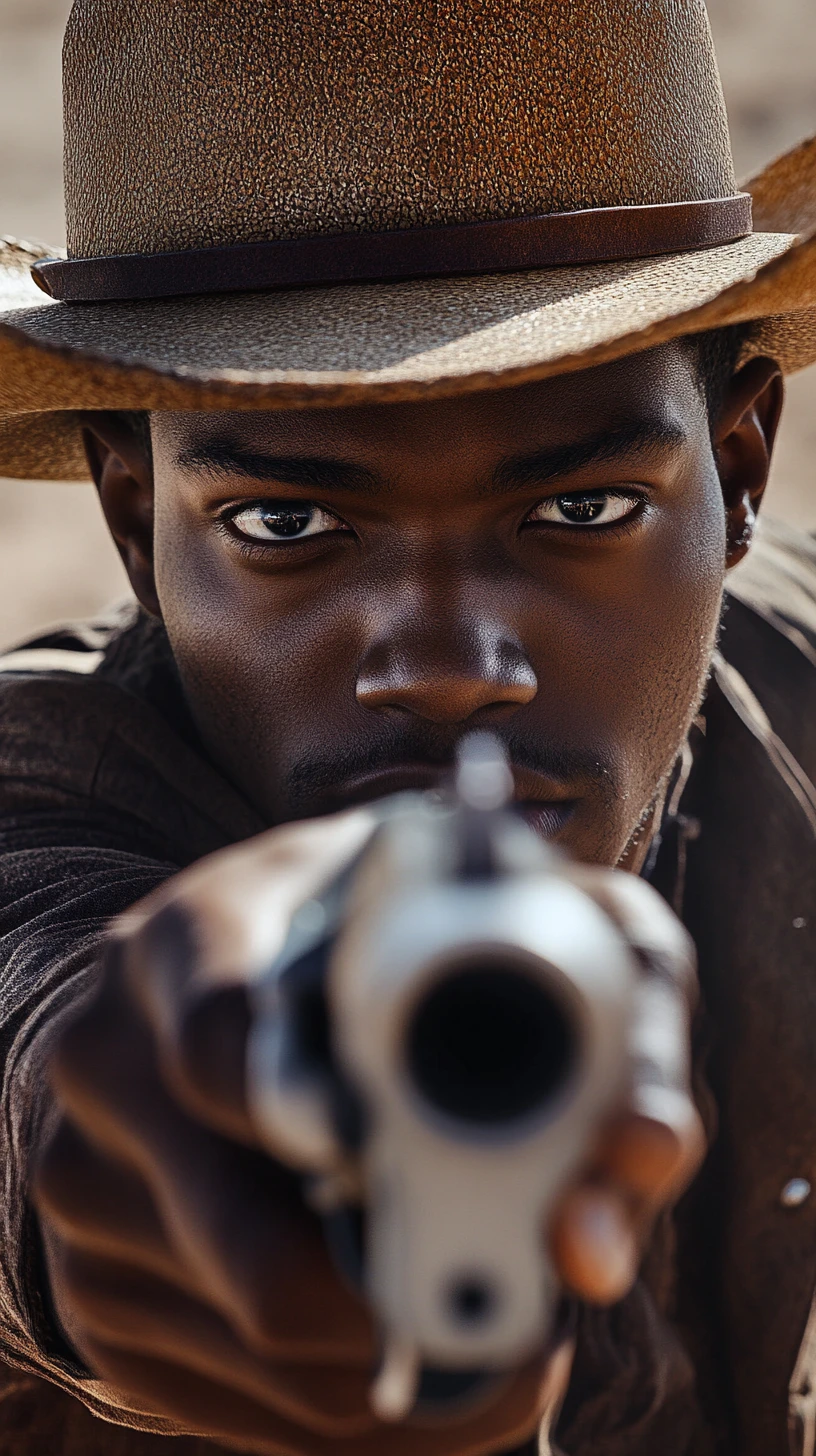 Cowboy afrofuturista apontando revólver para a câmera no deserto