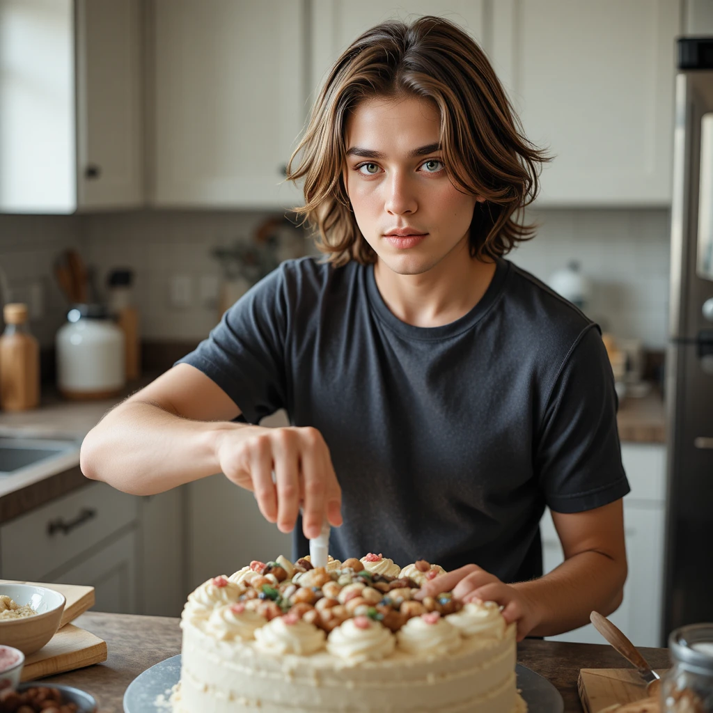 Young man decorating a cake in a home kitchen