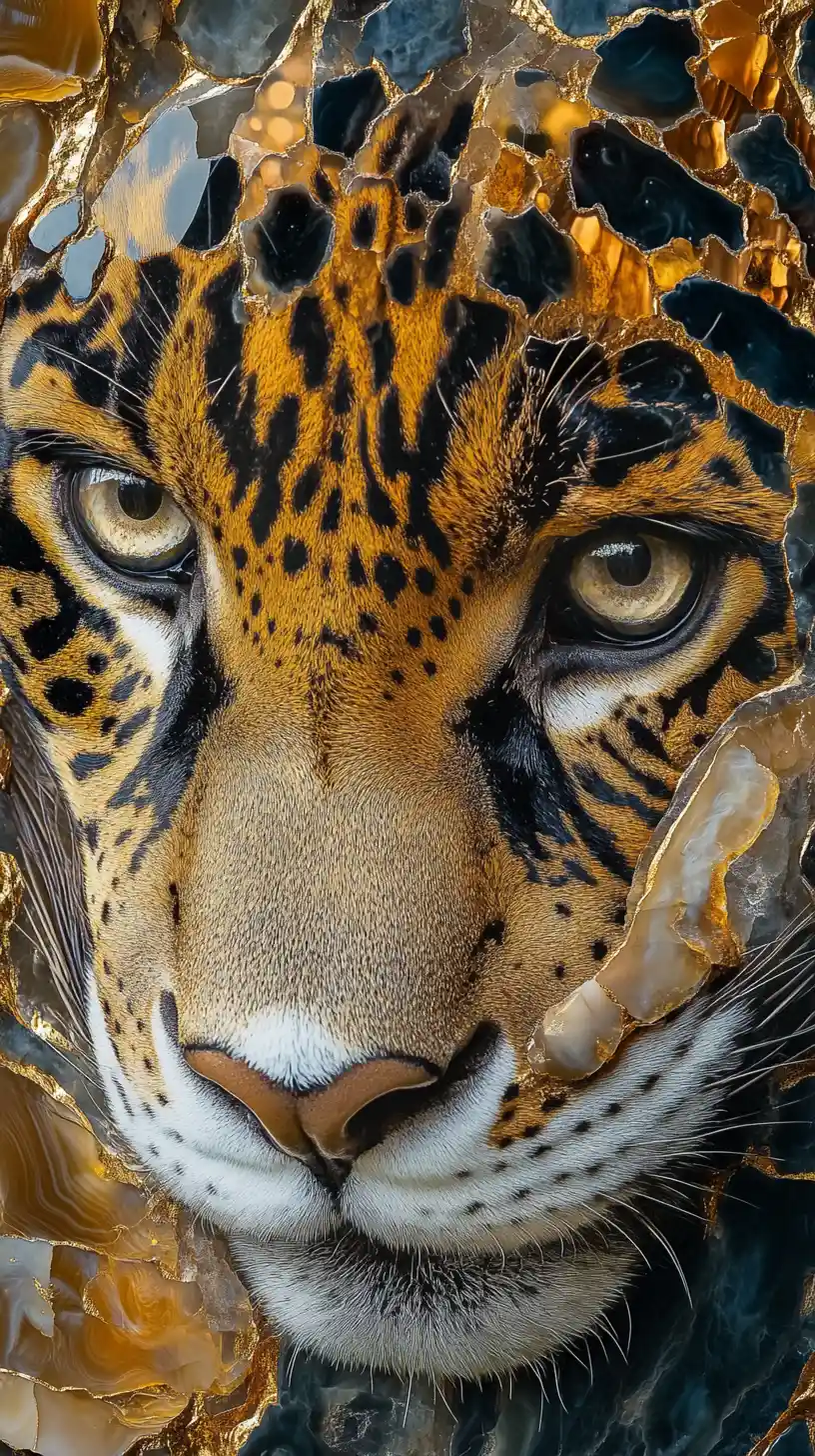 Rosto de jaguar esculpido em minerais em camadas com veios de ouro brilhante