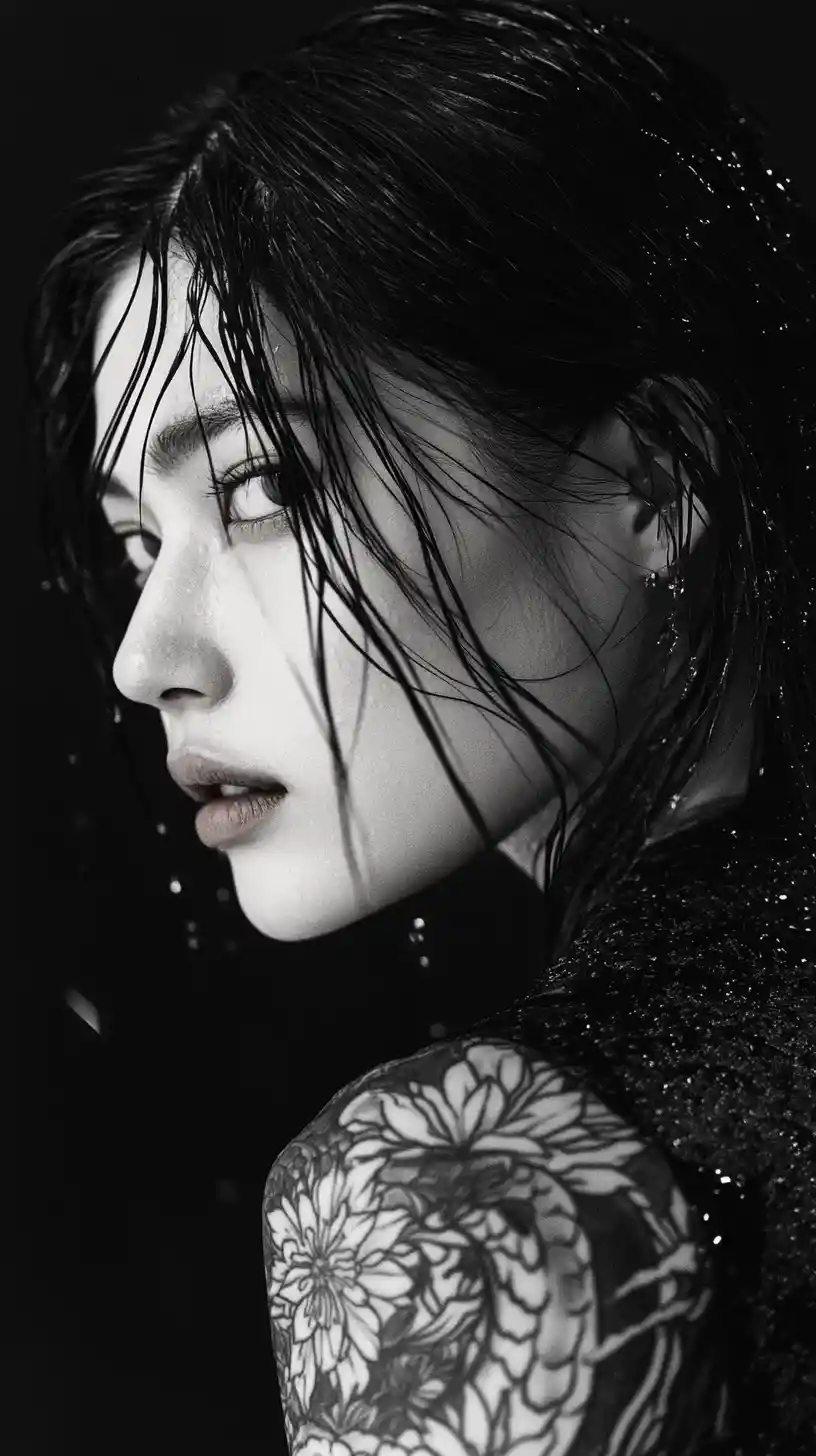 Monochrome portrait of an East Asian woman with dragon tattoo