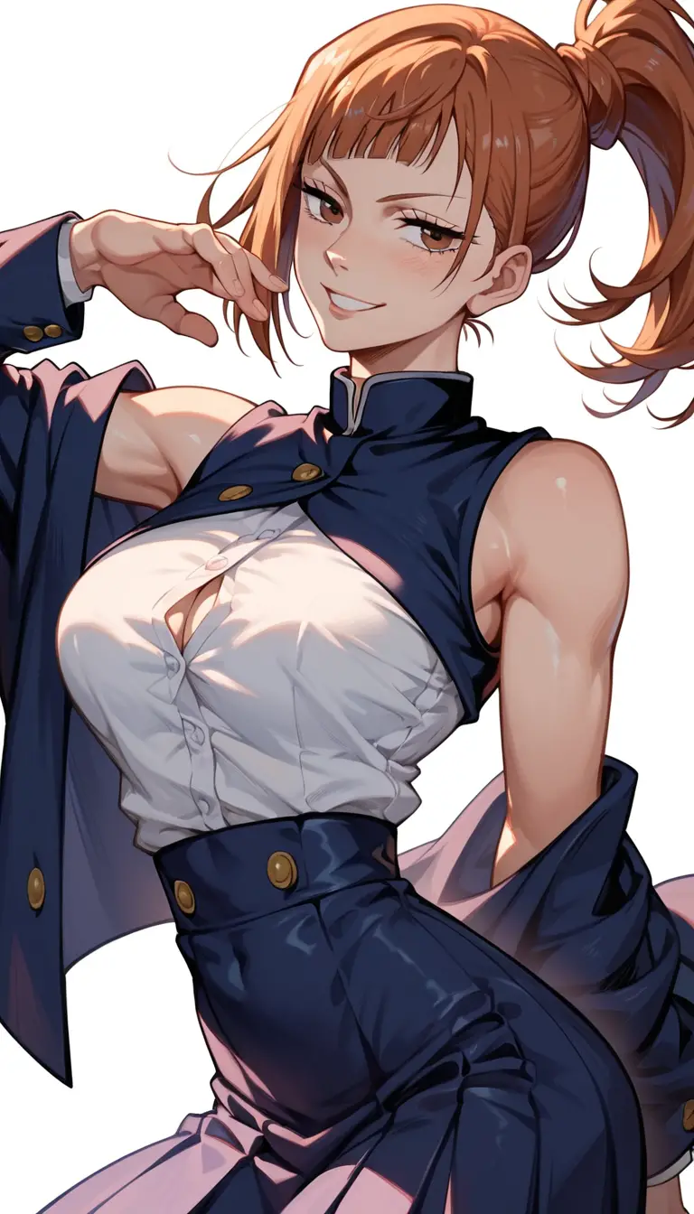 Colegial de anime sensual e curvilínea em pose dinâmica