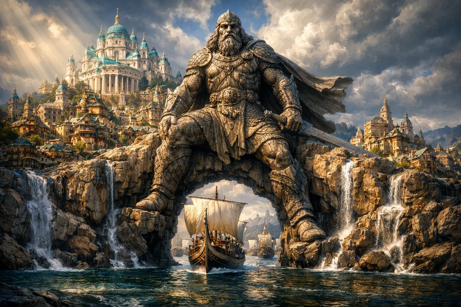 Majestosa cidade portuária fantástica com colossal estátua de guerreiro