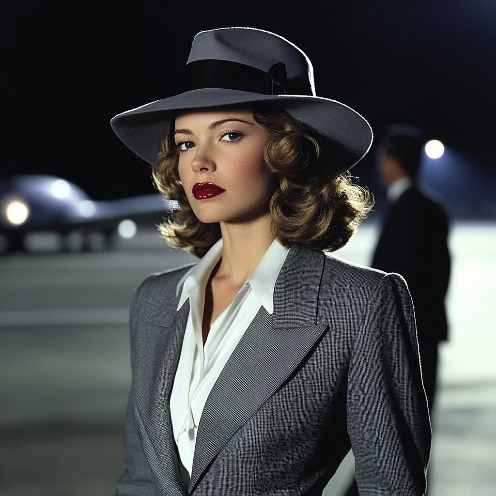 Stylish woman in fedora on airport runway at night