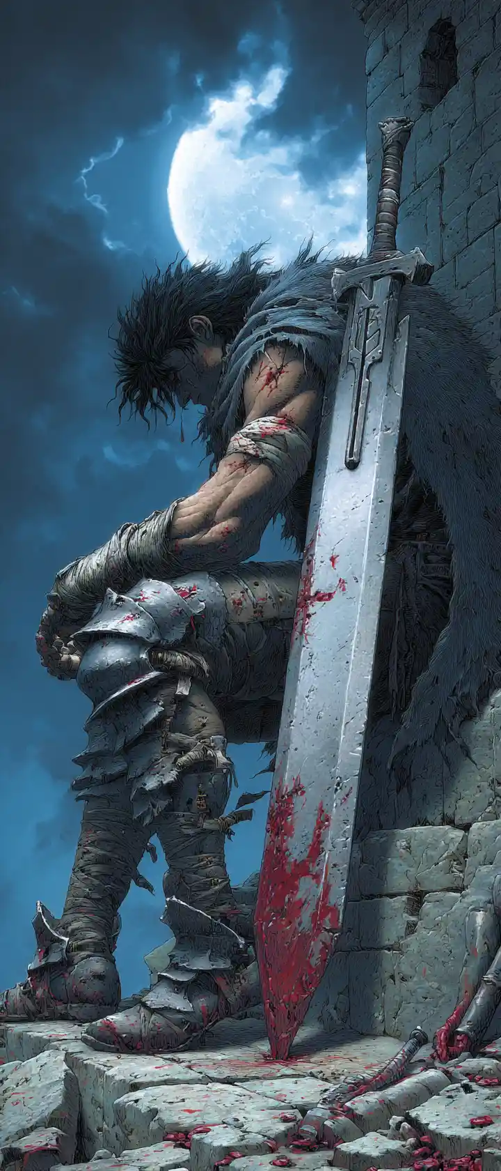 Femme Berserker Adossée à un Mur de Château en Ruines