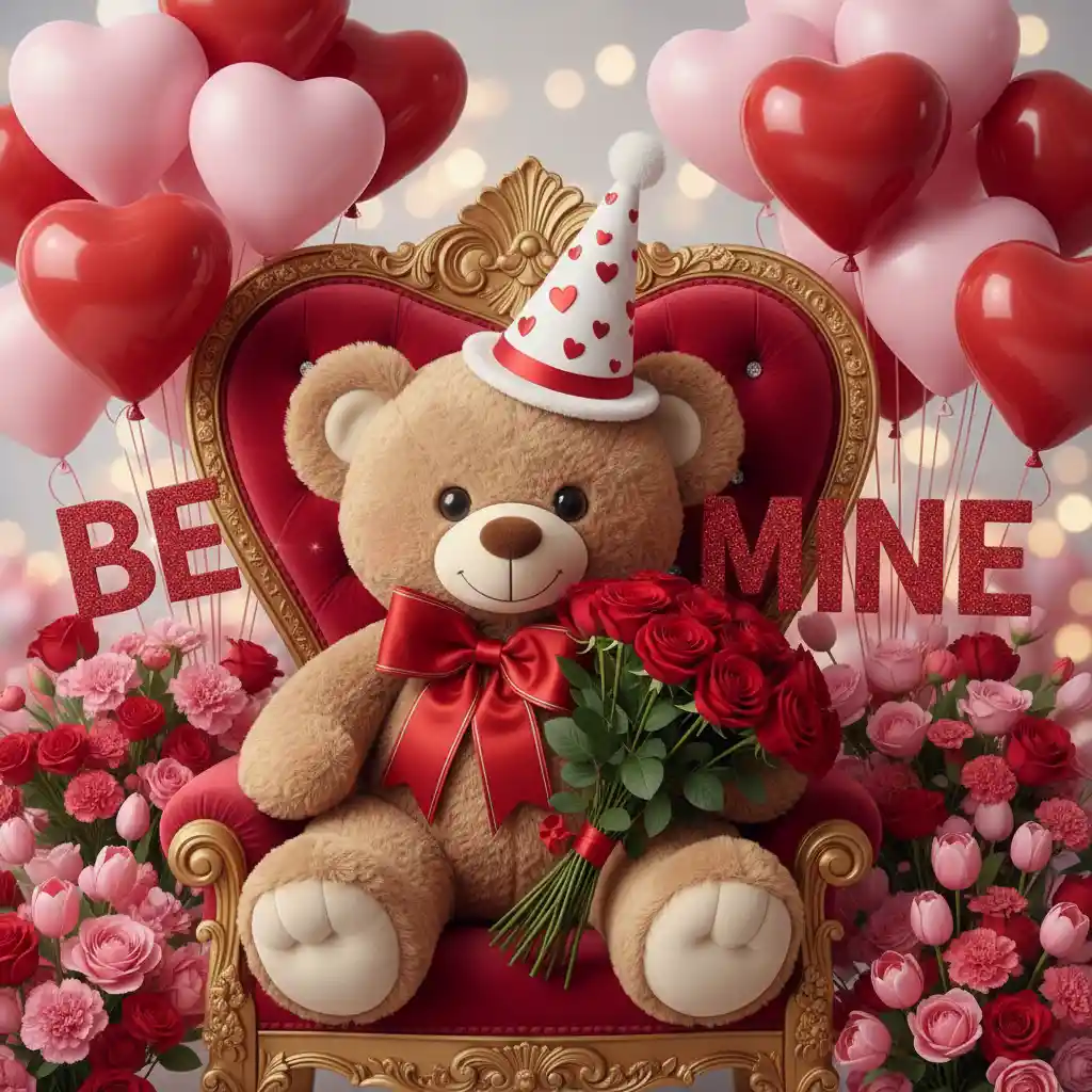 Adorable ours sur un trône en forme de cœur avec ballons et roses
