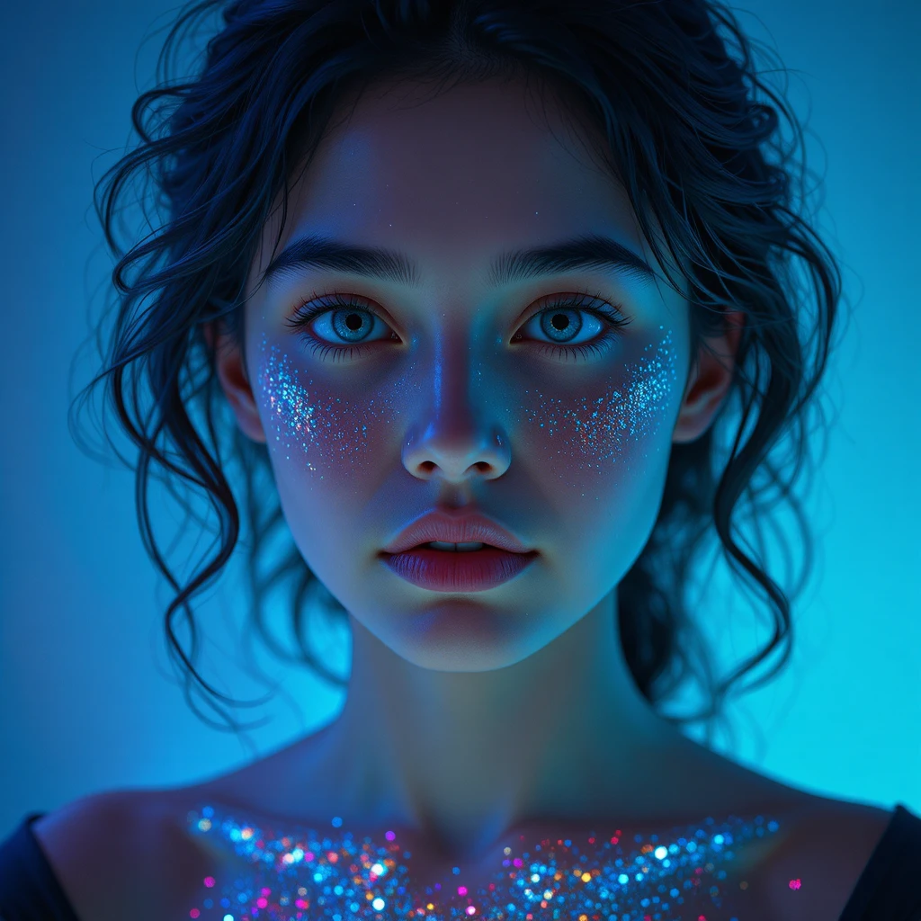 Giovane donna con glitter luminosi in un primo piano da sogno