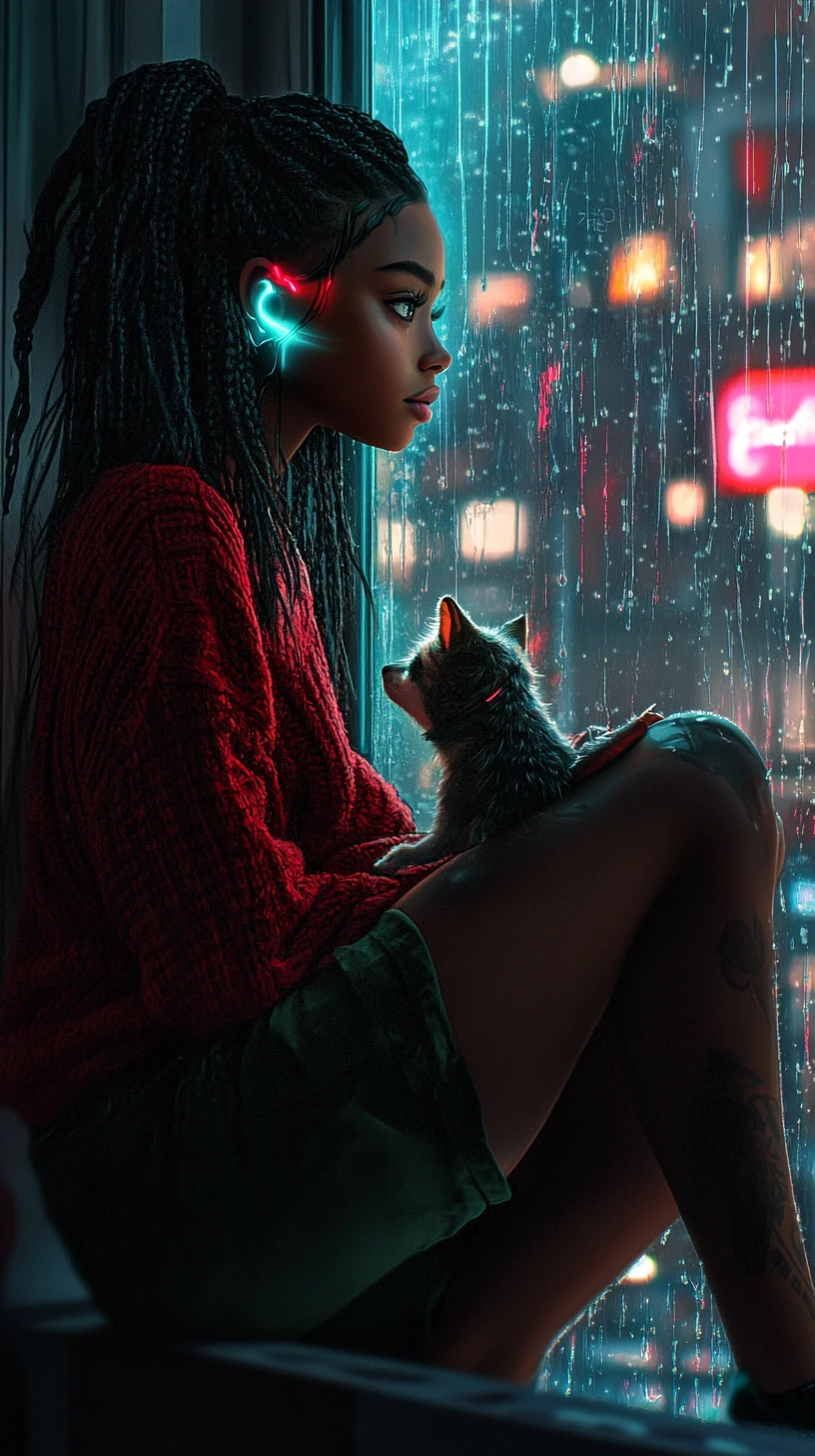 Femme d’anime afrofuturiste la nuit sur un siège de fenêtre sous la pluie