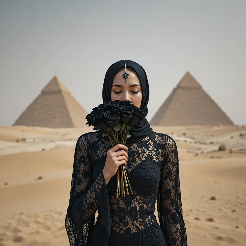 Mulher de renda preta com rosas diante de pirâmides no deserto