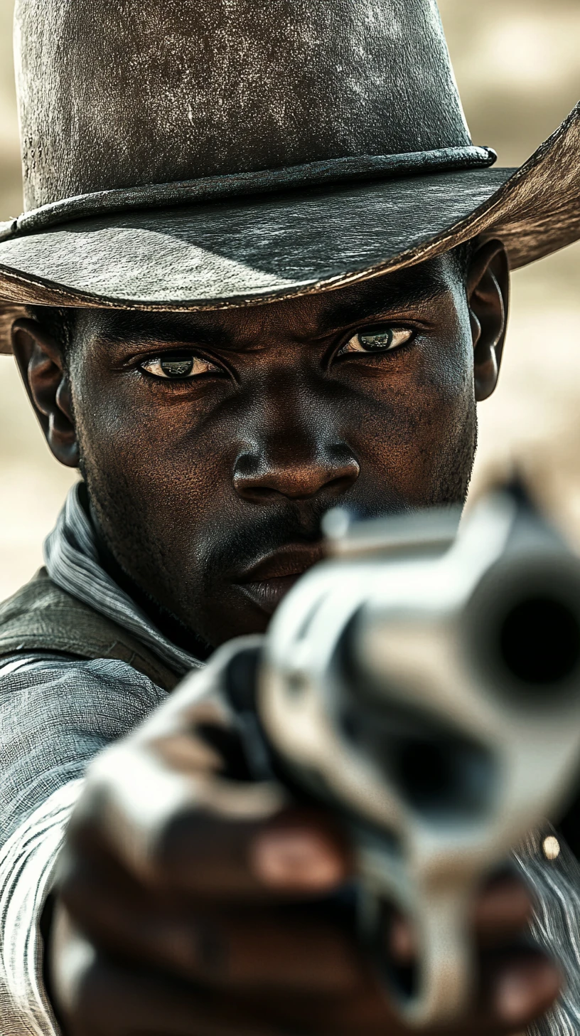 Cowboy afrofuturista apontando revólver para a câmera no deserto