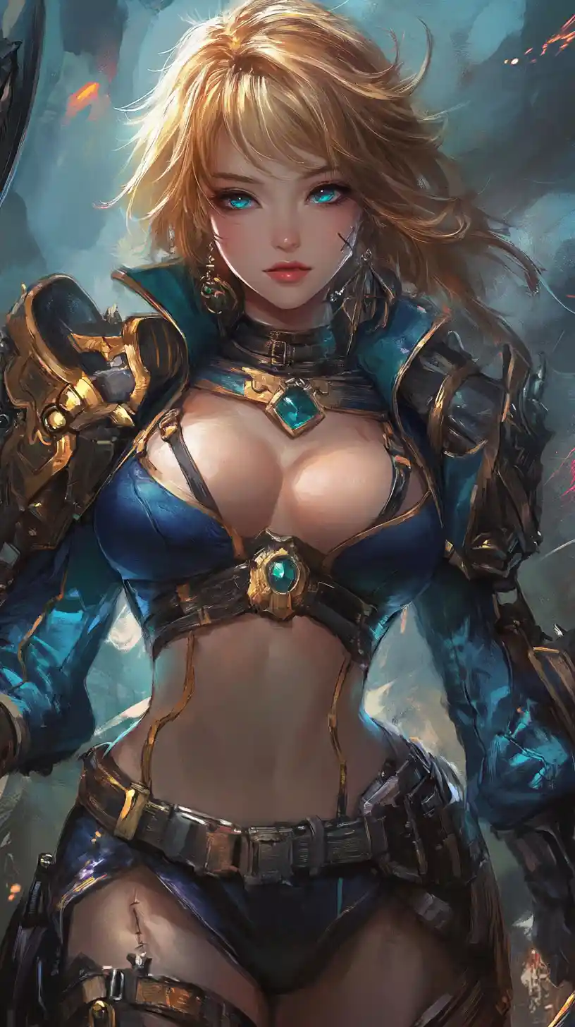 Scarred anime warrior woman with blue armor and tattoos