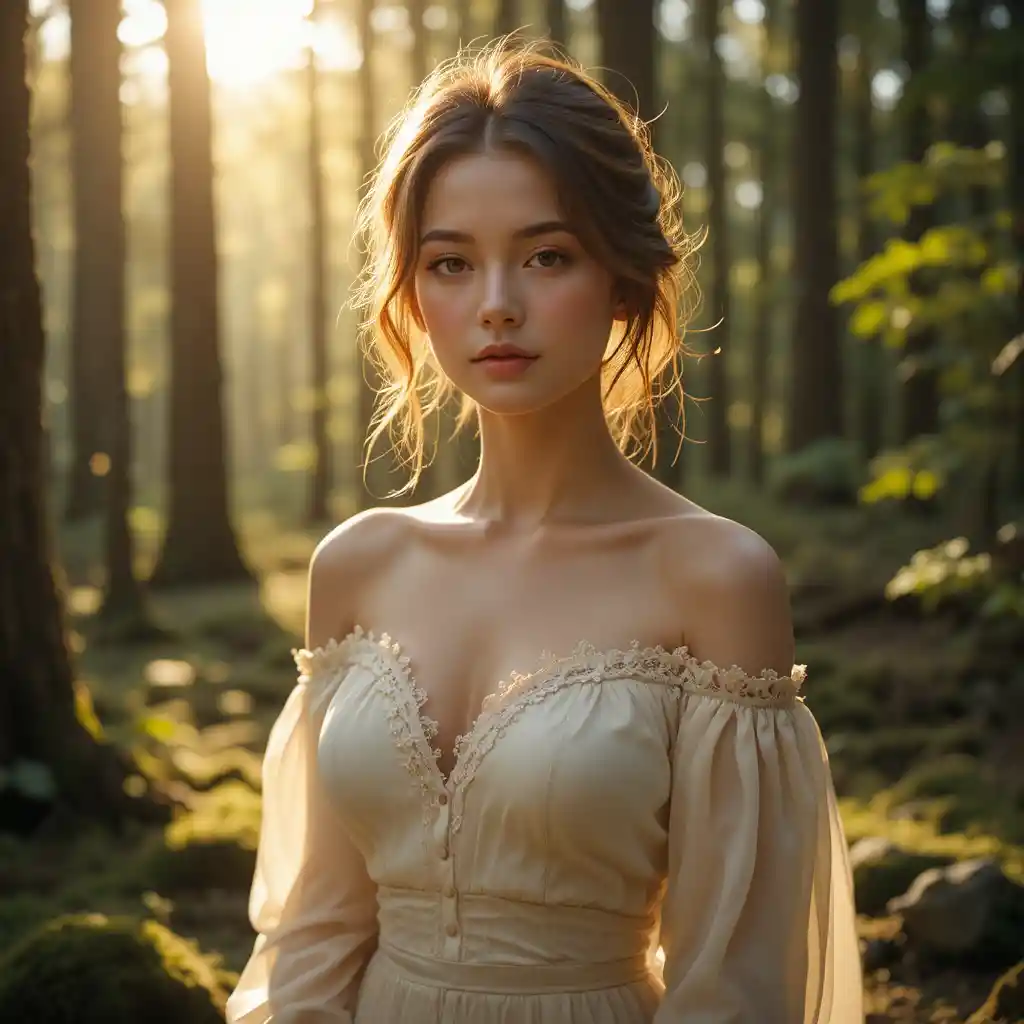 Ritratto romantico nel bosco di donna con blusa avorio trasparente