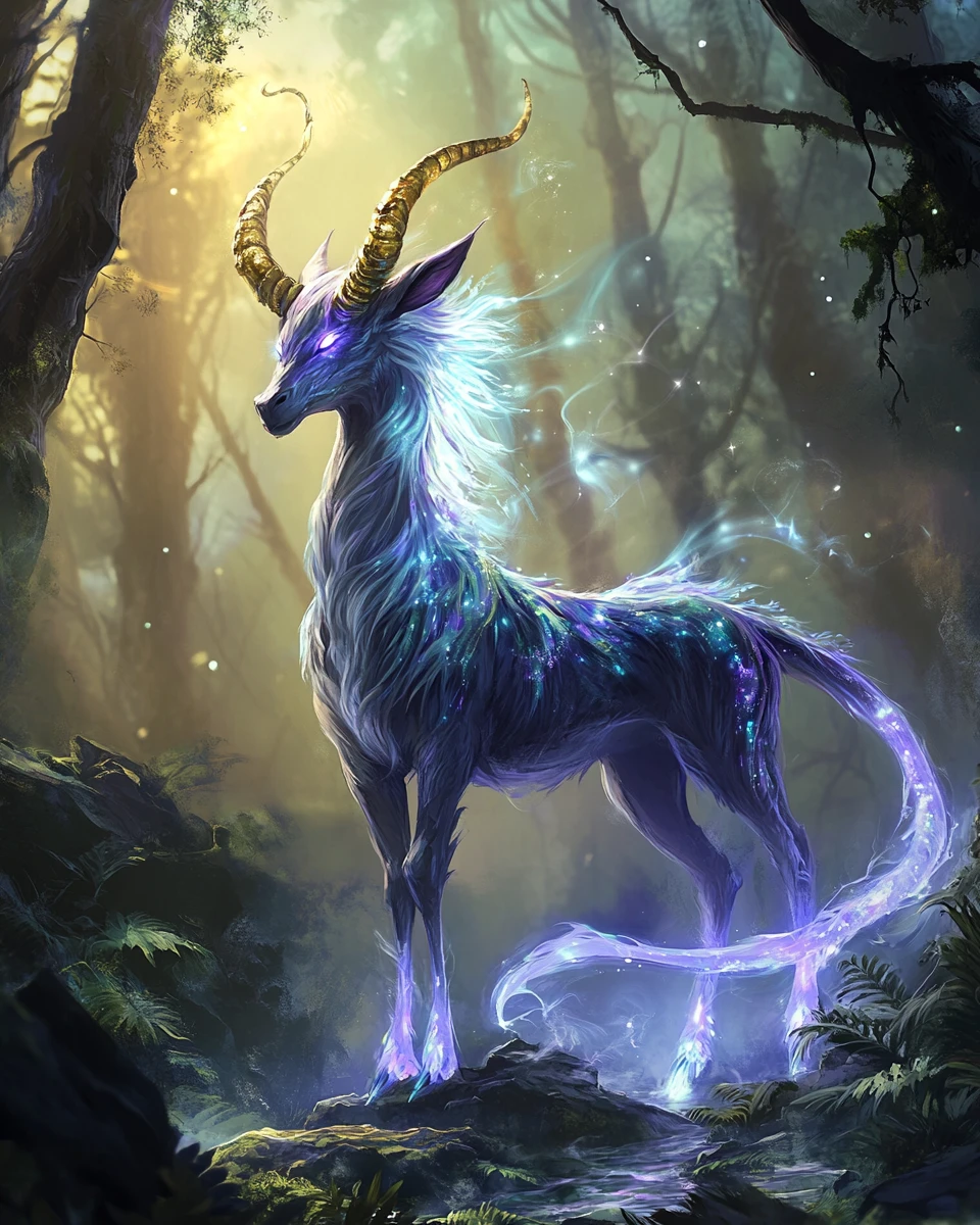 Maestoso qilin in una foresta incantata avvolta nella nebbia con rune scolpite