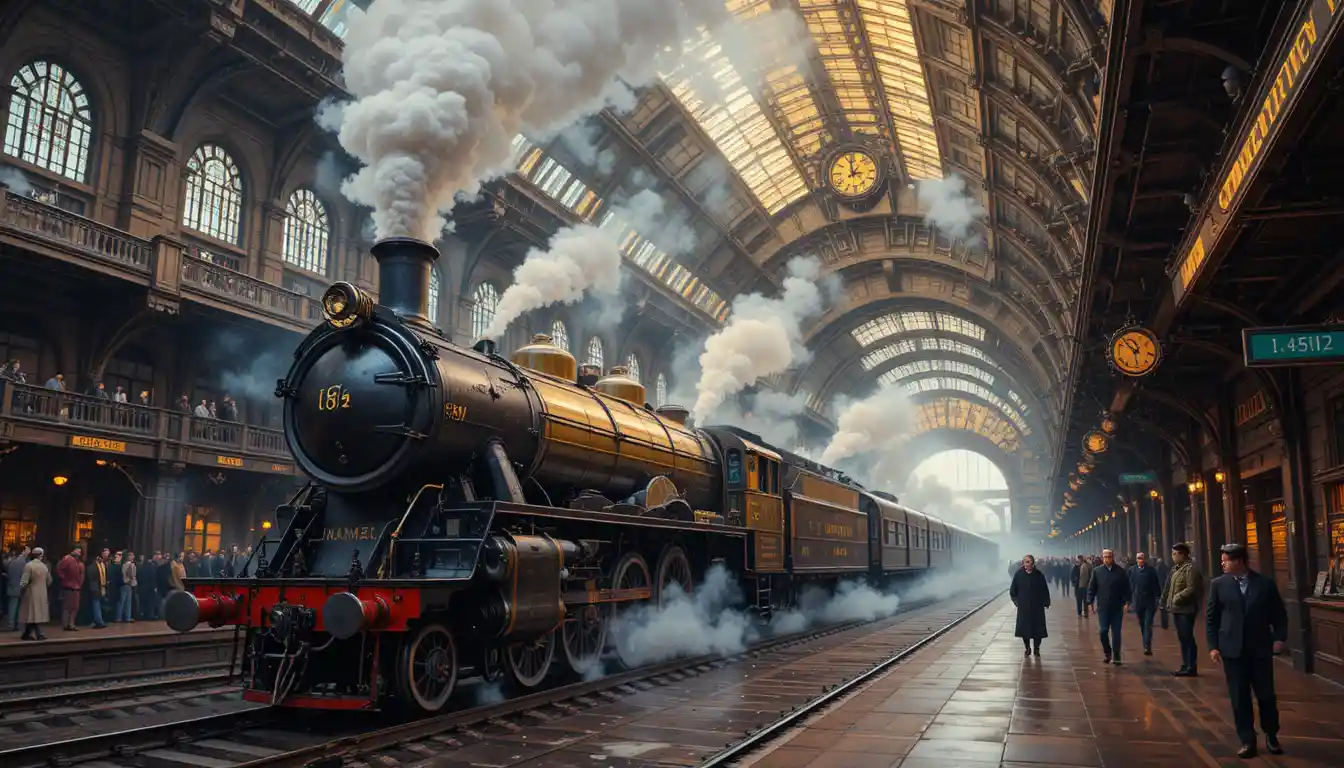 Treno steampunk in arrivo in una grande stazione con torre dell’orologio