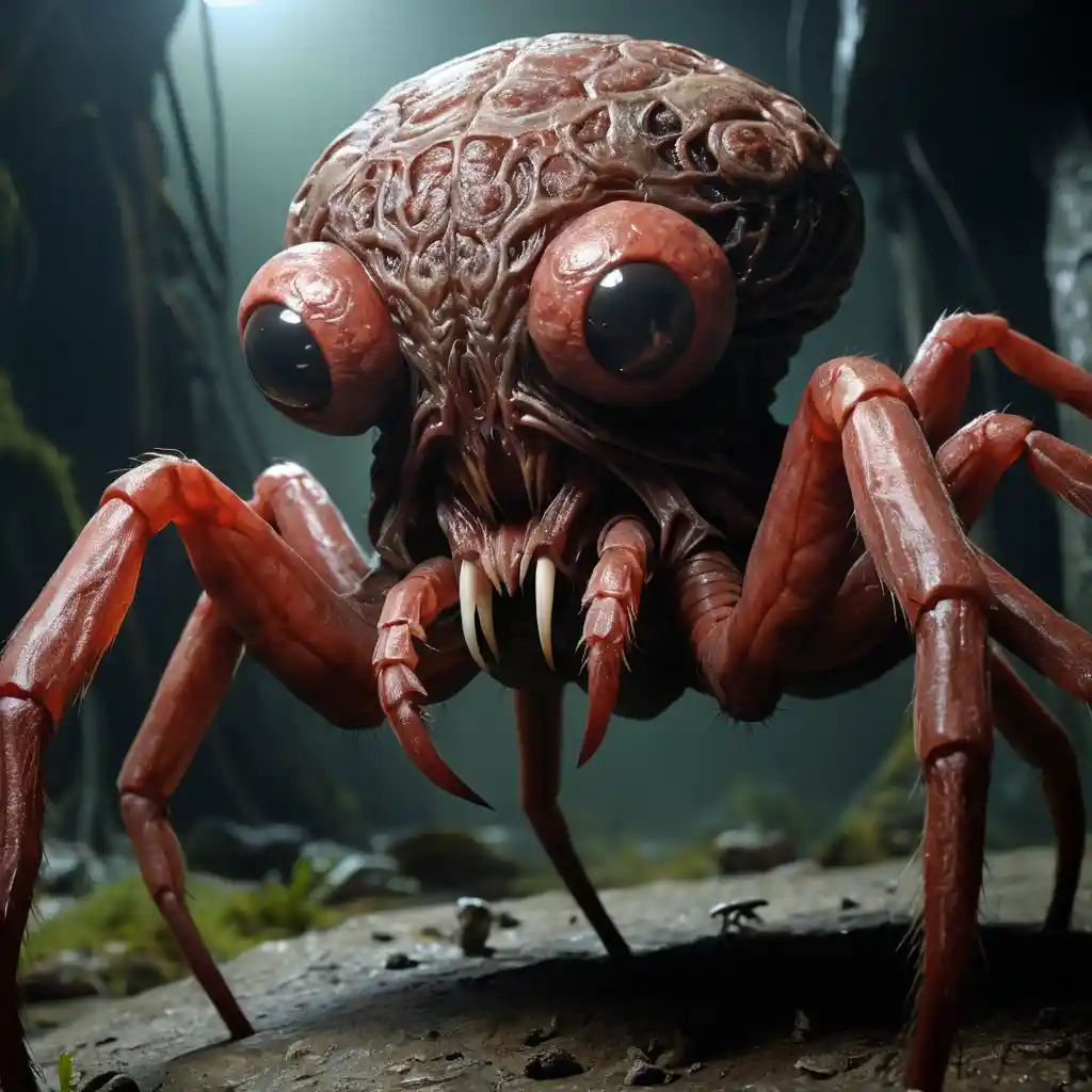 Monstro grotesco de aranha-cérebro pairando em primeiro plano