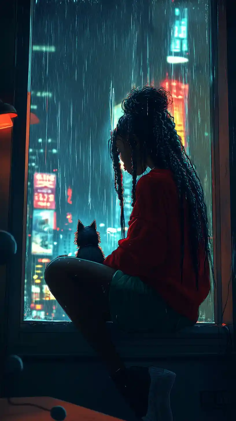 Mujer afrofuturista en la ventana con un perro en una noche lluviosa