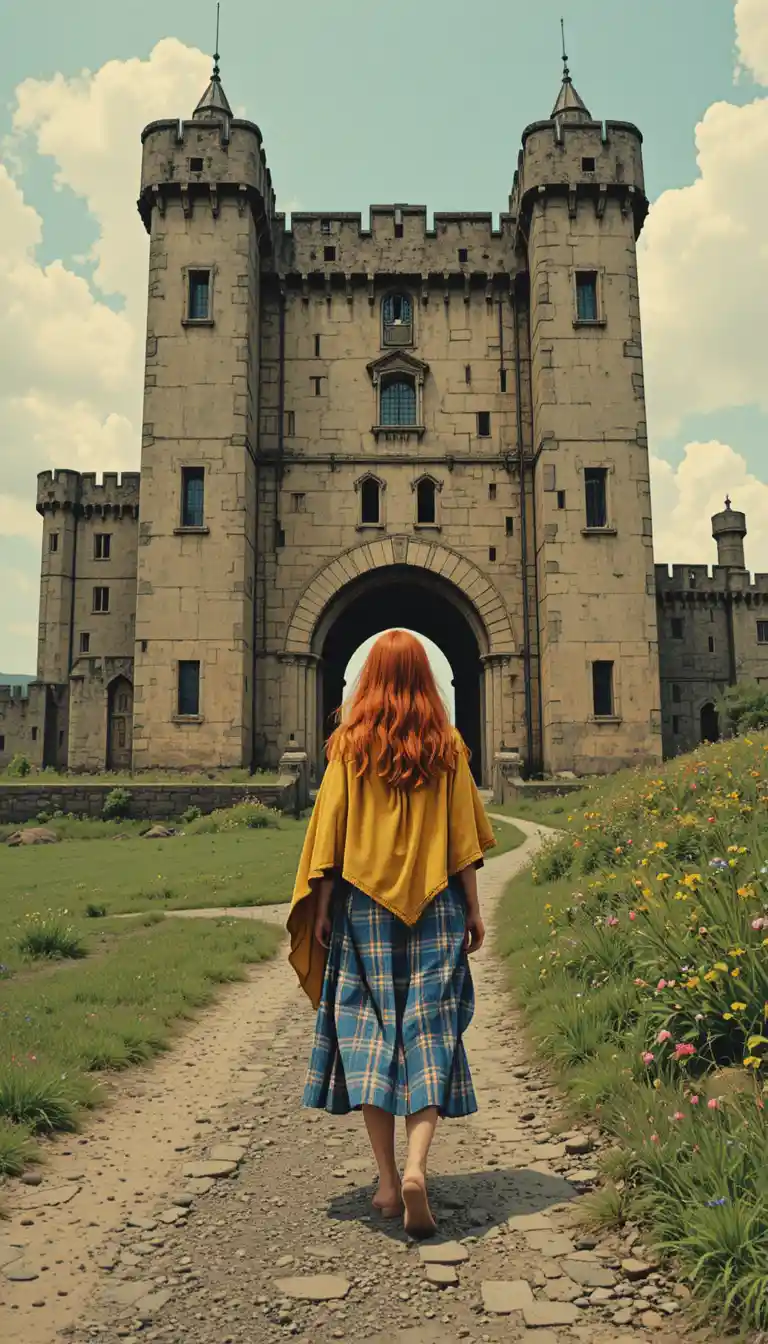 Ragazza dai capelli rossi che cammina verso un enorme castello di pietra