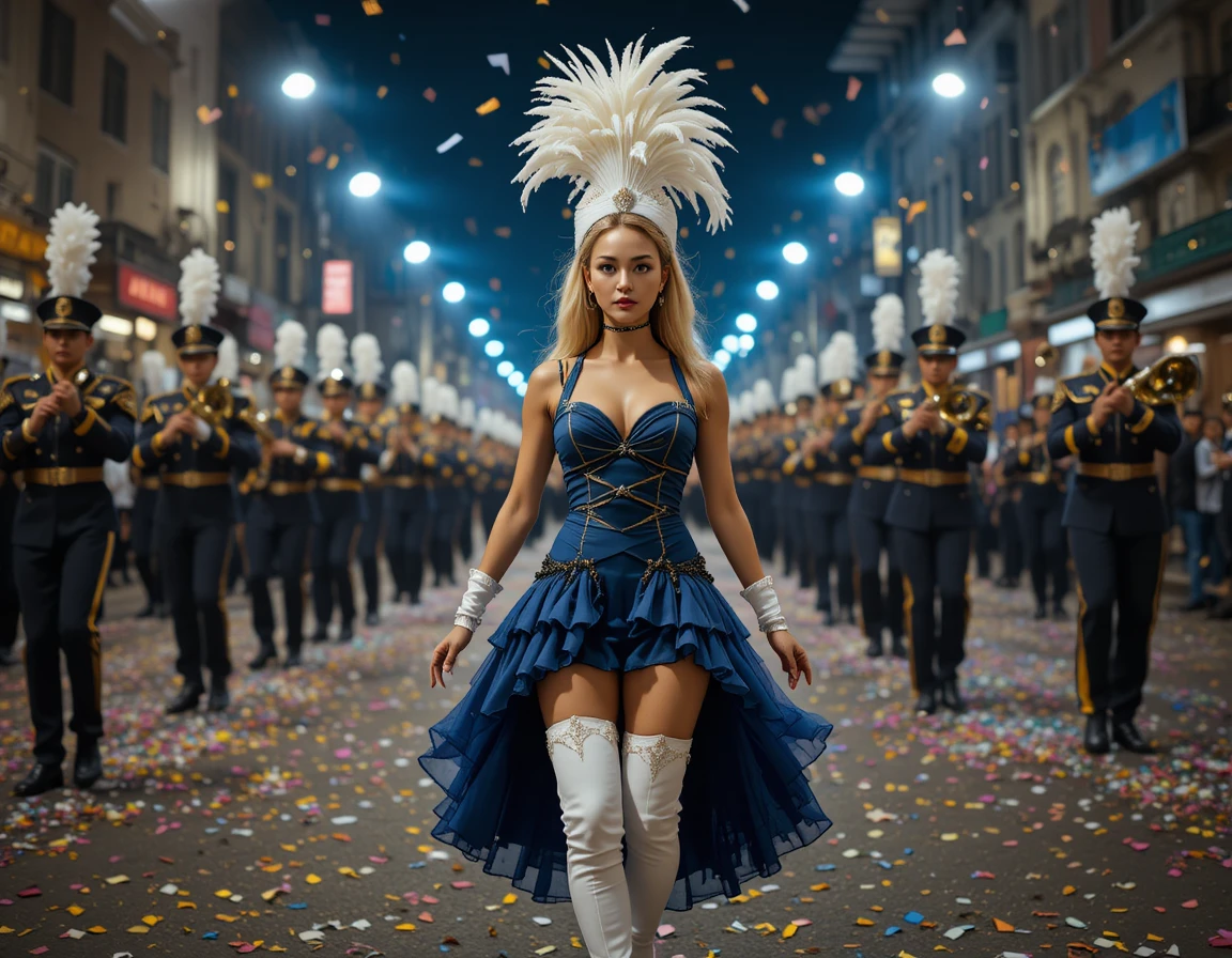 Woman leading a lively night street parade performance