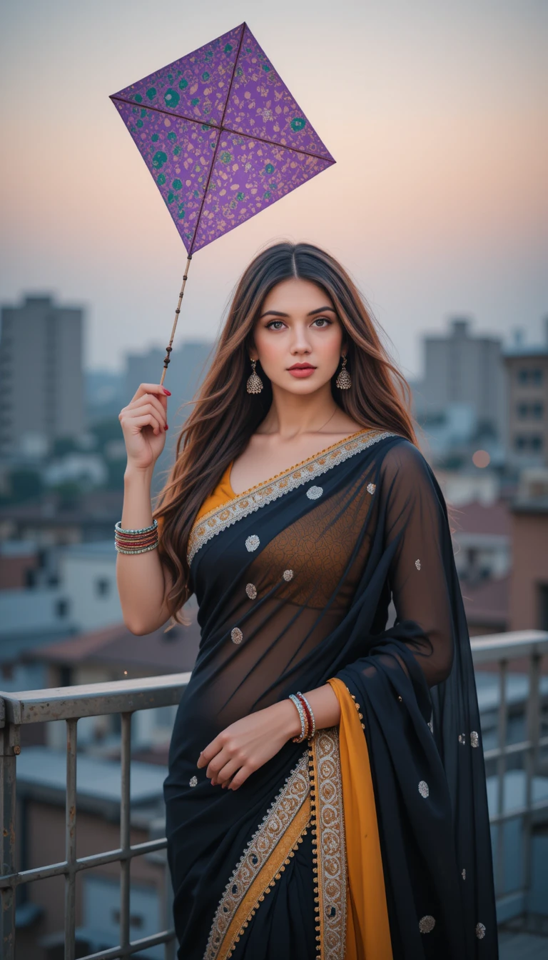 Elegant Indian woman with kite on urban rooftop at dusk