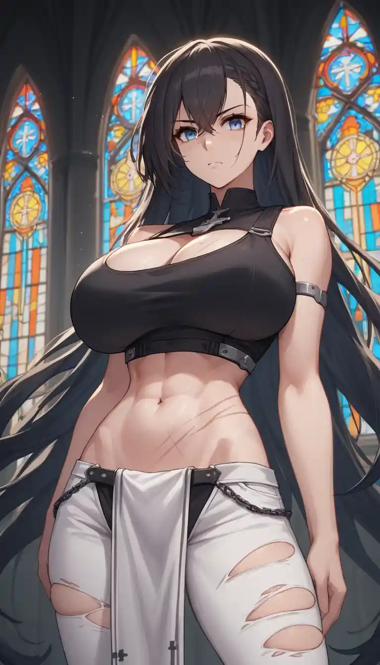 Femme anime défiant, debout à l’intérieur d’une église