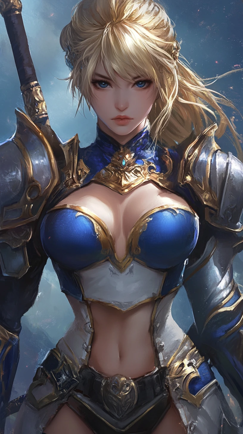 Scarred anime warrior woman with tattoos and blue armor