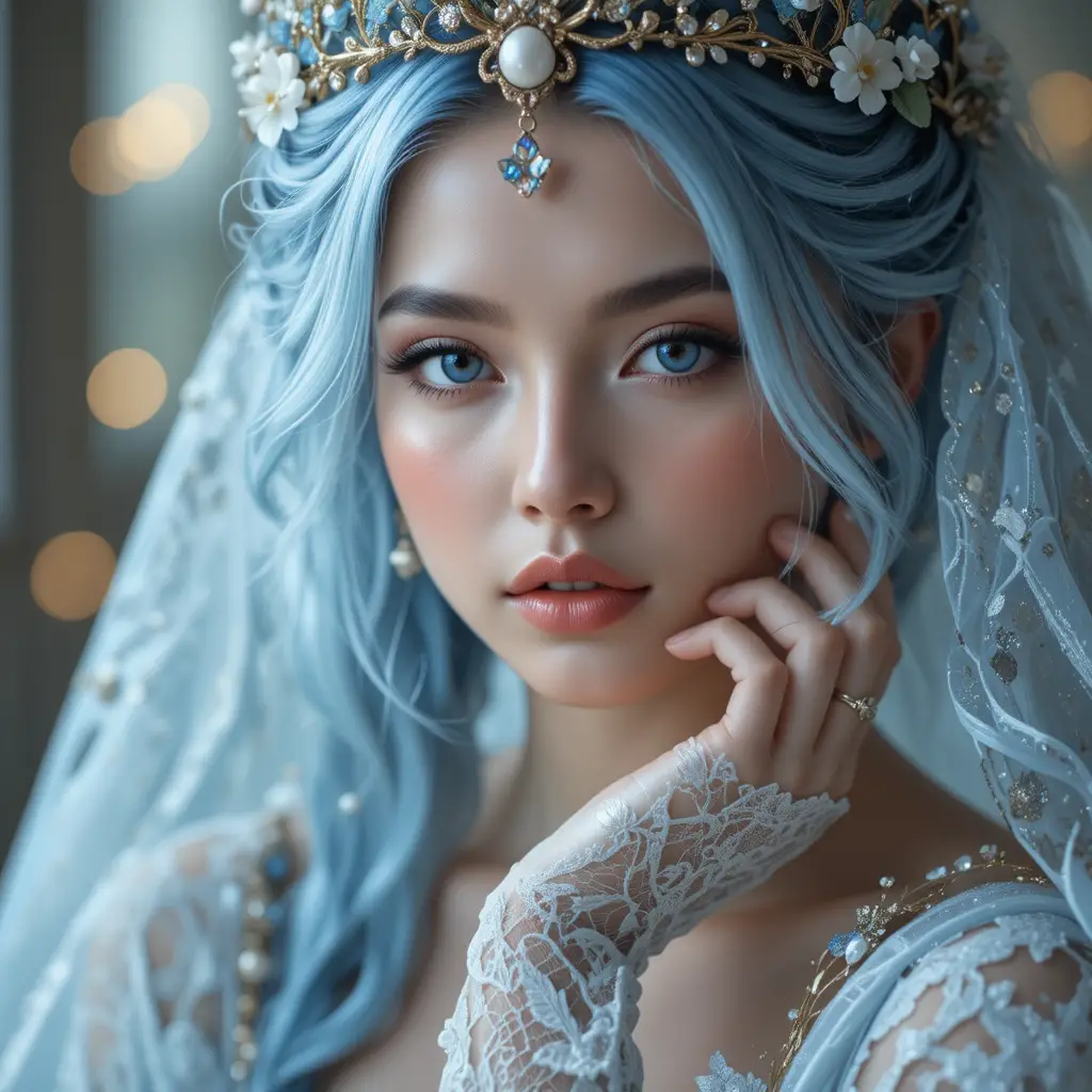 Donna eterea fantasy con capelli azzurro ghiaccio intrecciati e tiara
