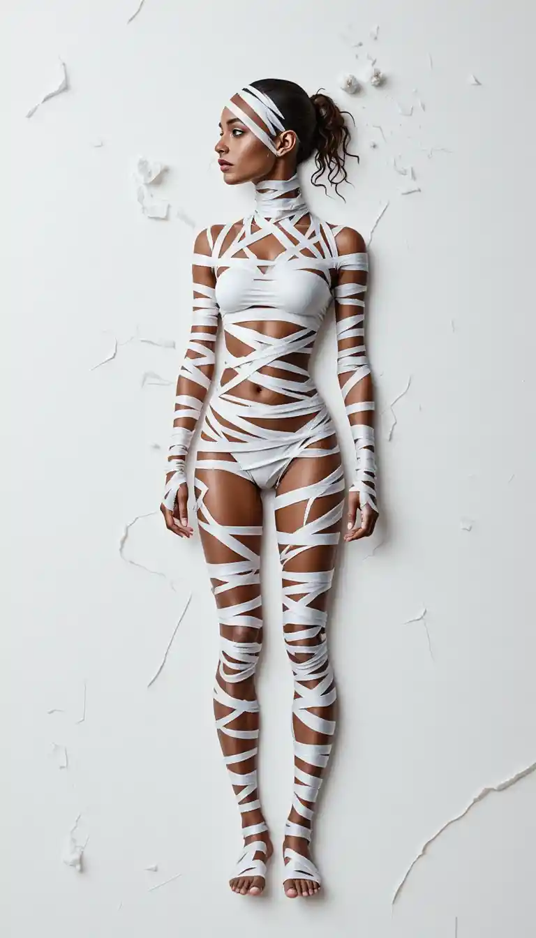 Woman wrapped in white tape body art full body view