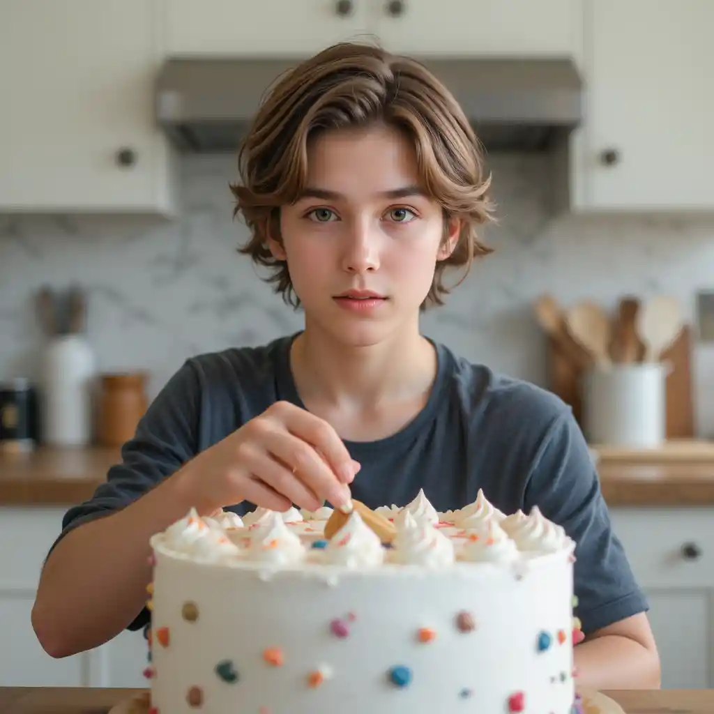 Joven decorando un pastel en una cocina luminosa