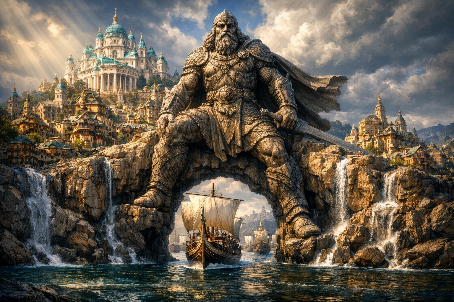 Majestosa cidade portuária fantástica com colossal estátua de guerreiro