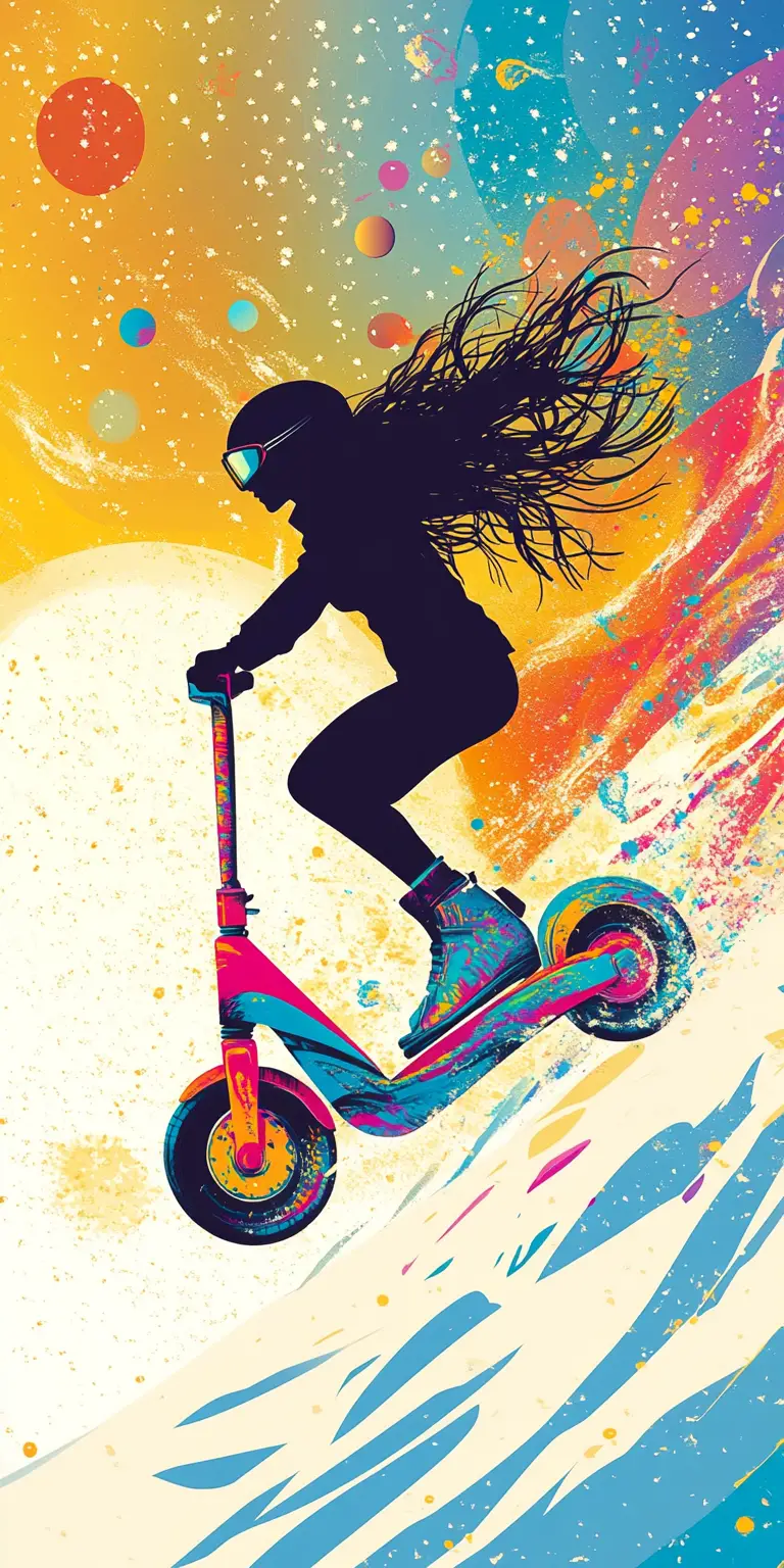 Silueta de una niña corriendo en scooter por una pista de esquí nevada