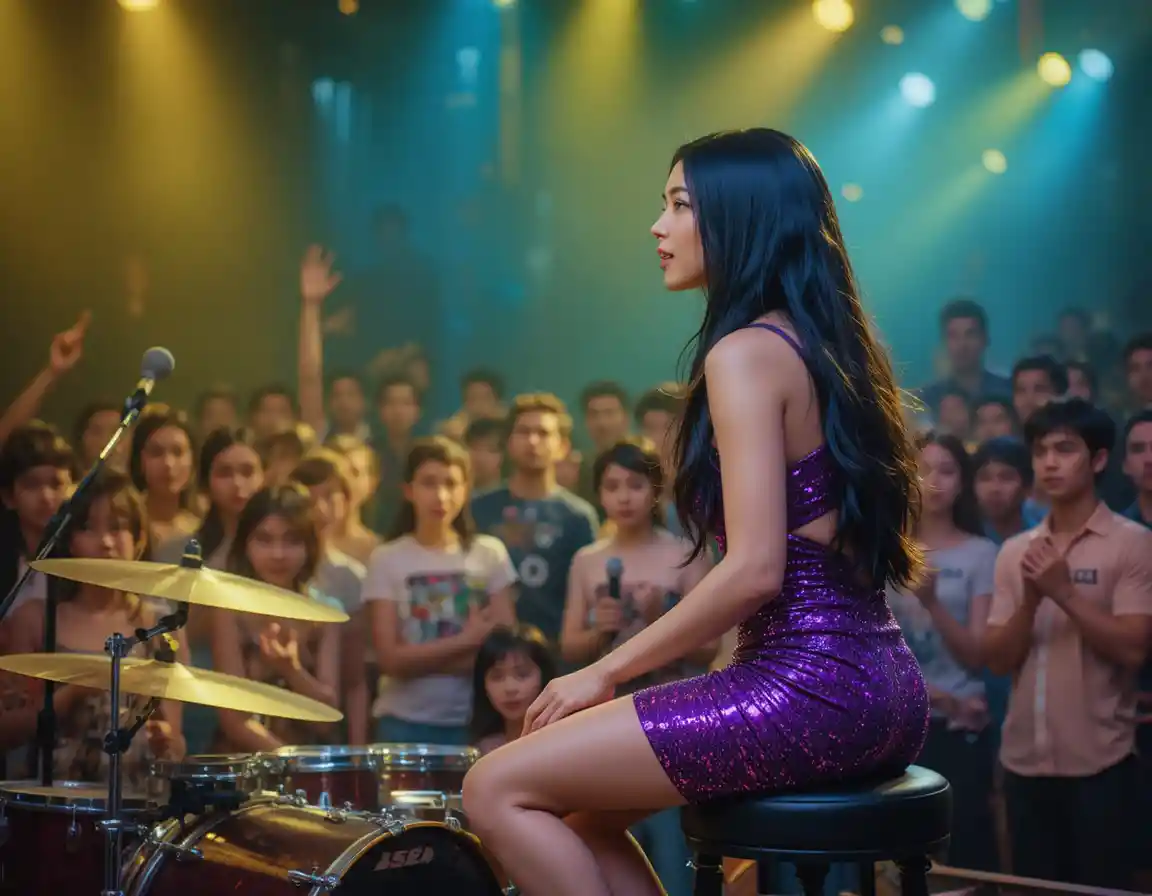 Cantora asiática com minivestido roxo se apresentando no palco